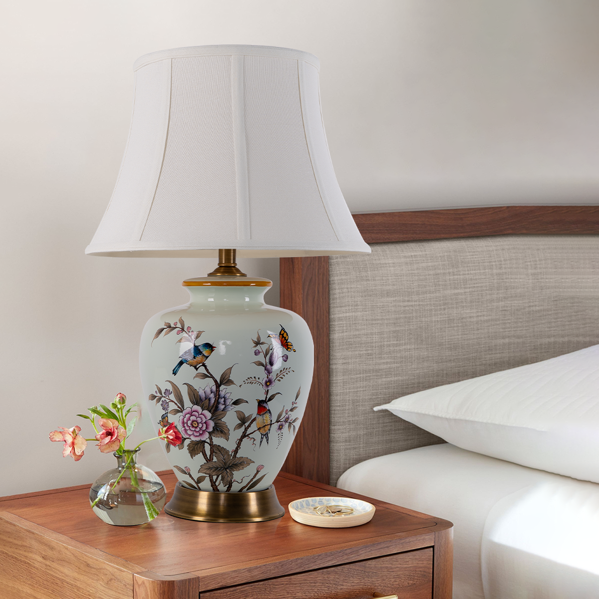 Vintage Ceramic Floral Table Lamp with Copper Base for Bedside and Table Lighting