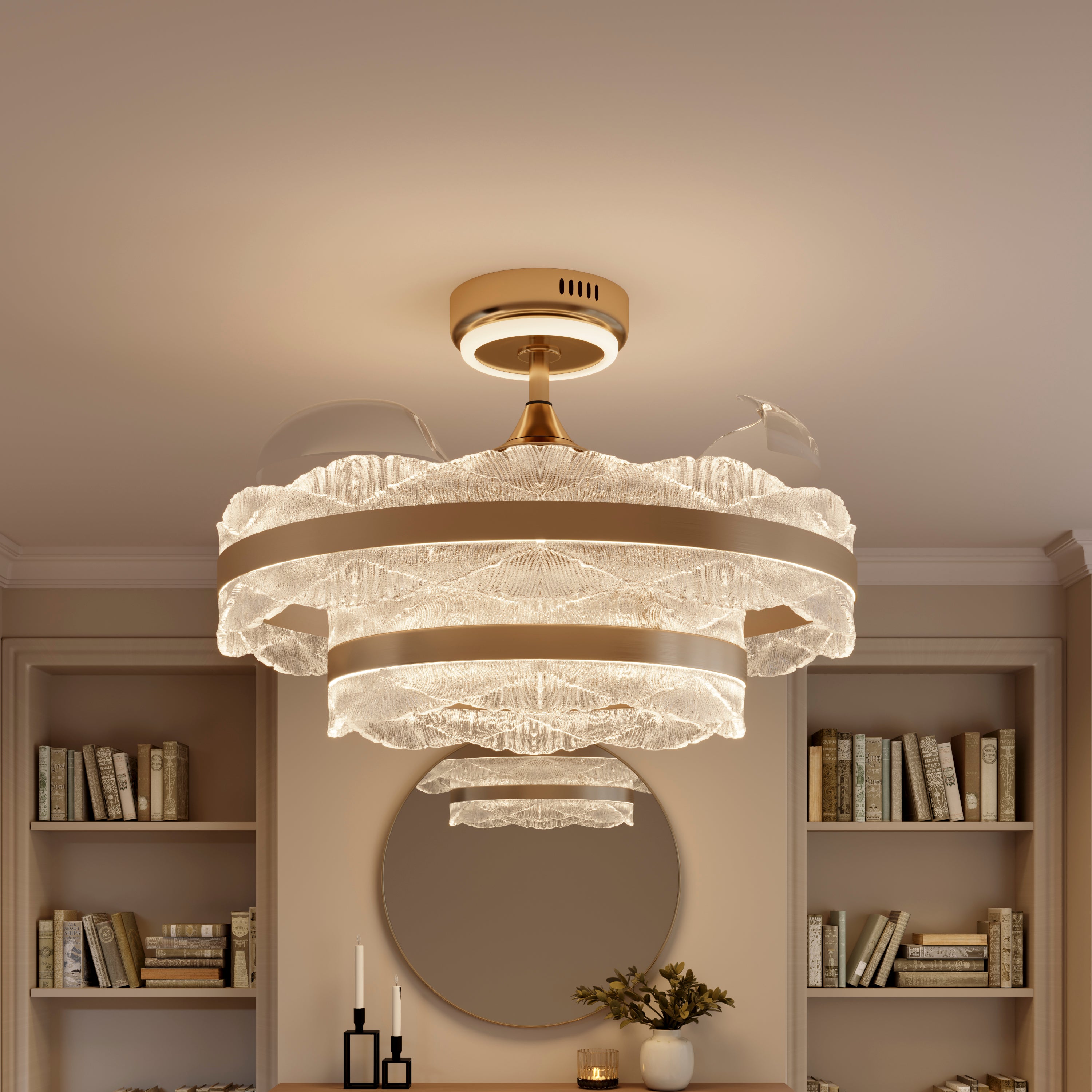 Gold acrylic fan light with layered crystal shade in a living room