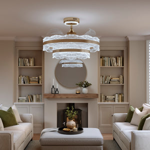Cool white acrylic fan light in living room with fireplace and sofa