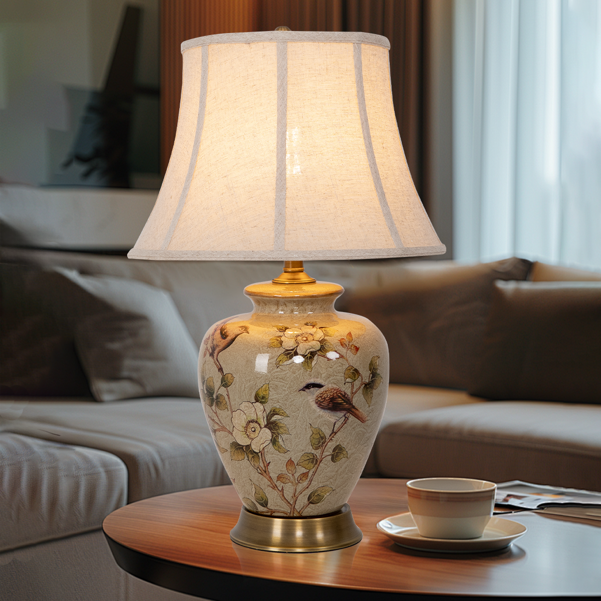 Vintage Ceramic Bird-Pattern Table Lamp with Fabric Shade