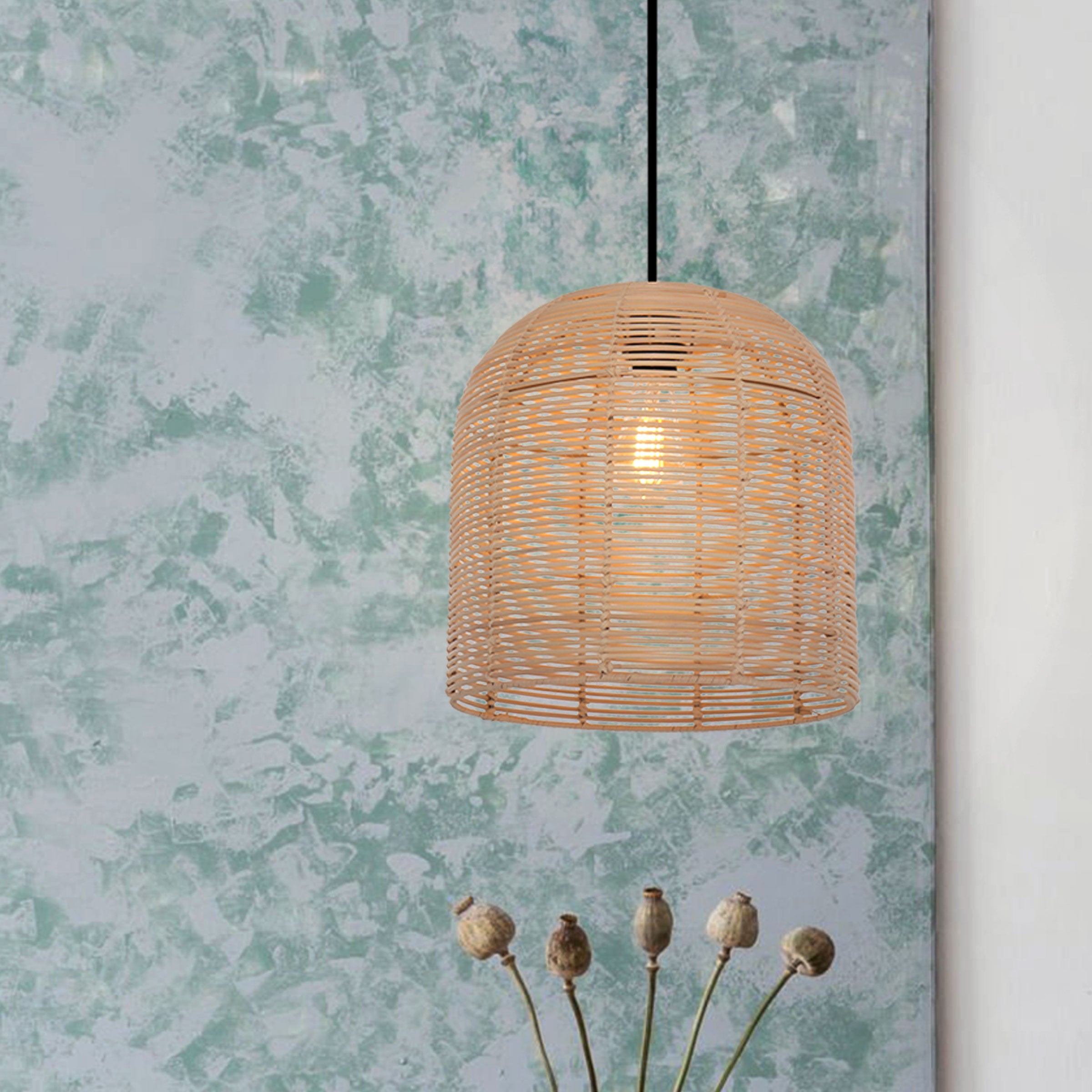 Rustic Woven Rattan and Iron Dome Pendant Light for Cozy Spaces
