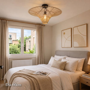60cm rattan flying saucer ceiling light in a soft neutral bedroom