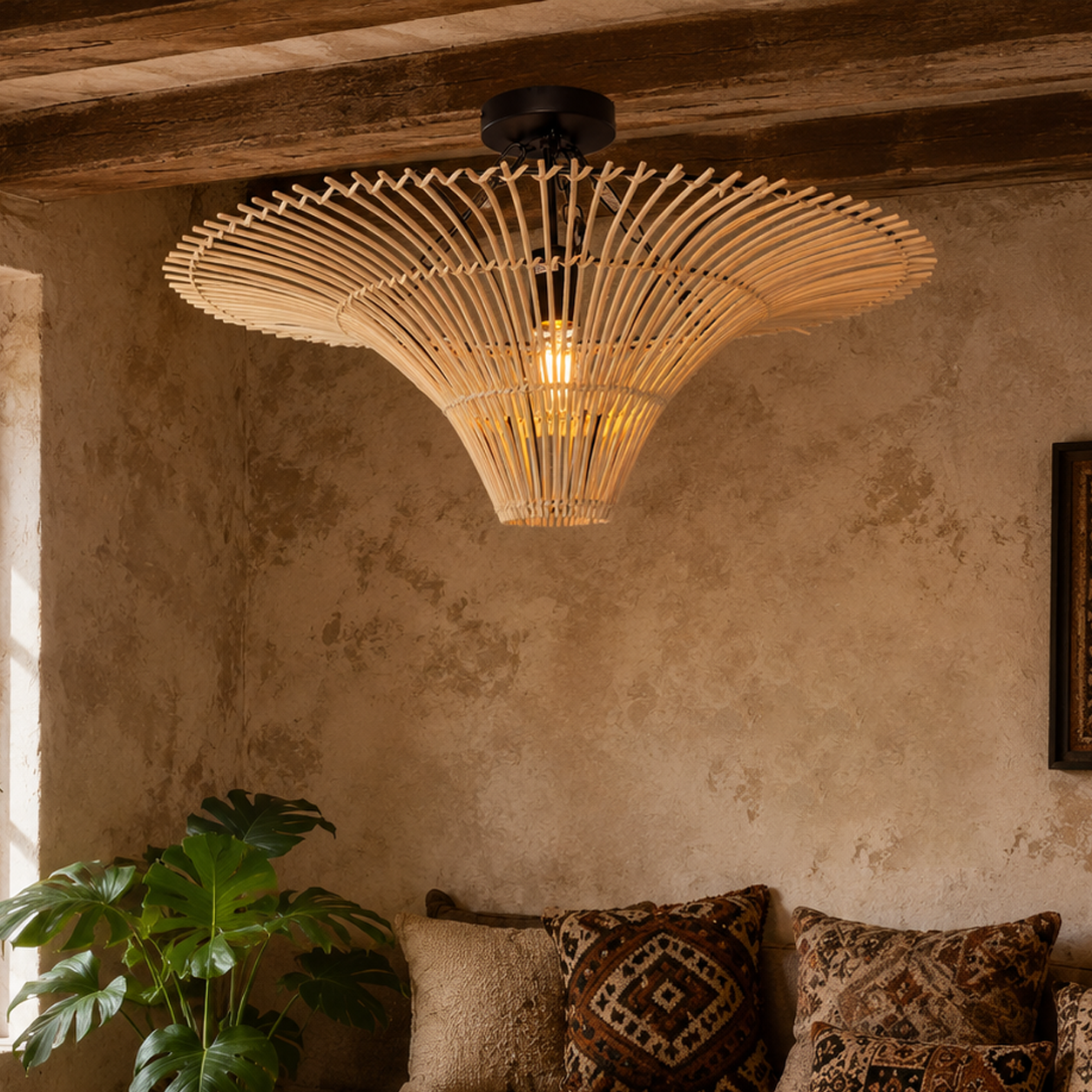 60cm flying saucer rattan ceiling light above a rustic living room sofa