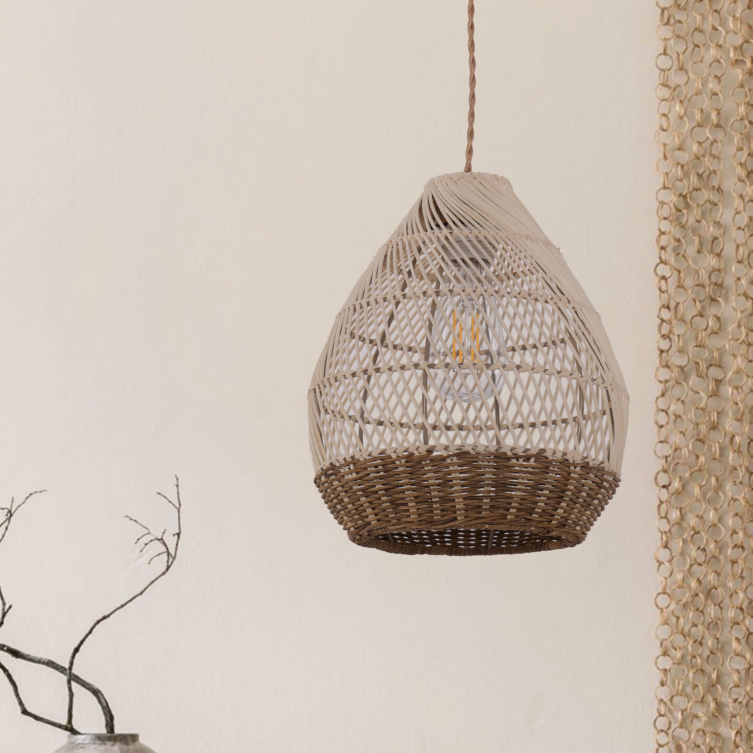 Handwoven Boho Teardrop Design Rattan Iron Pendant Light