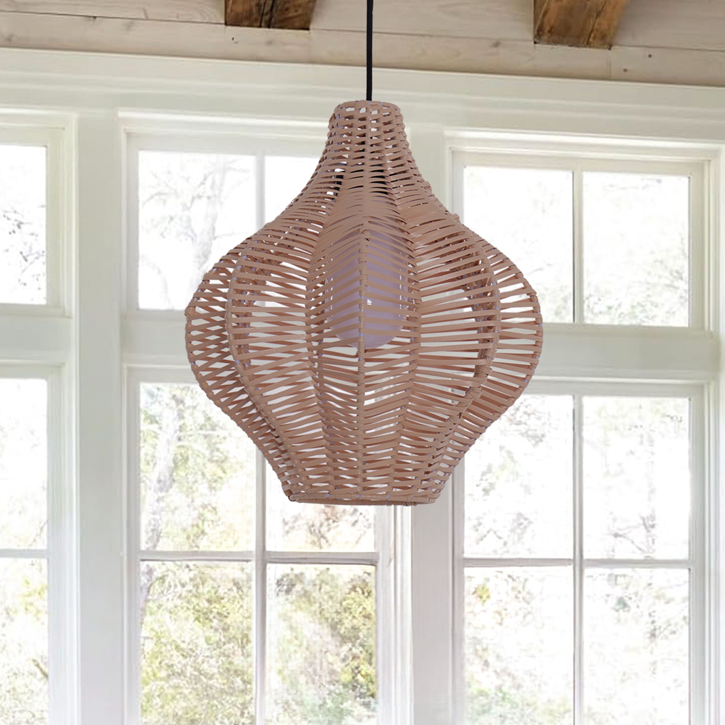 Minimalist Handmade Wooden Rattan Pendant Light – Modern Natural Pendant Light for Dining Room, Study, and Living Spaces