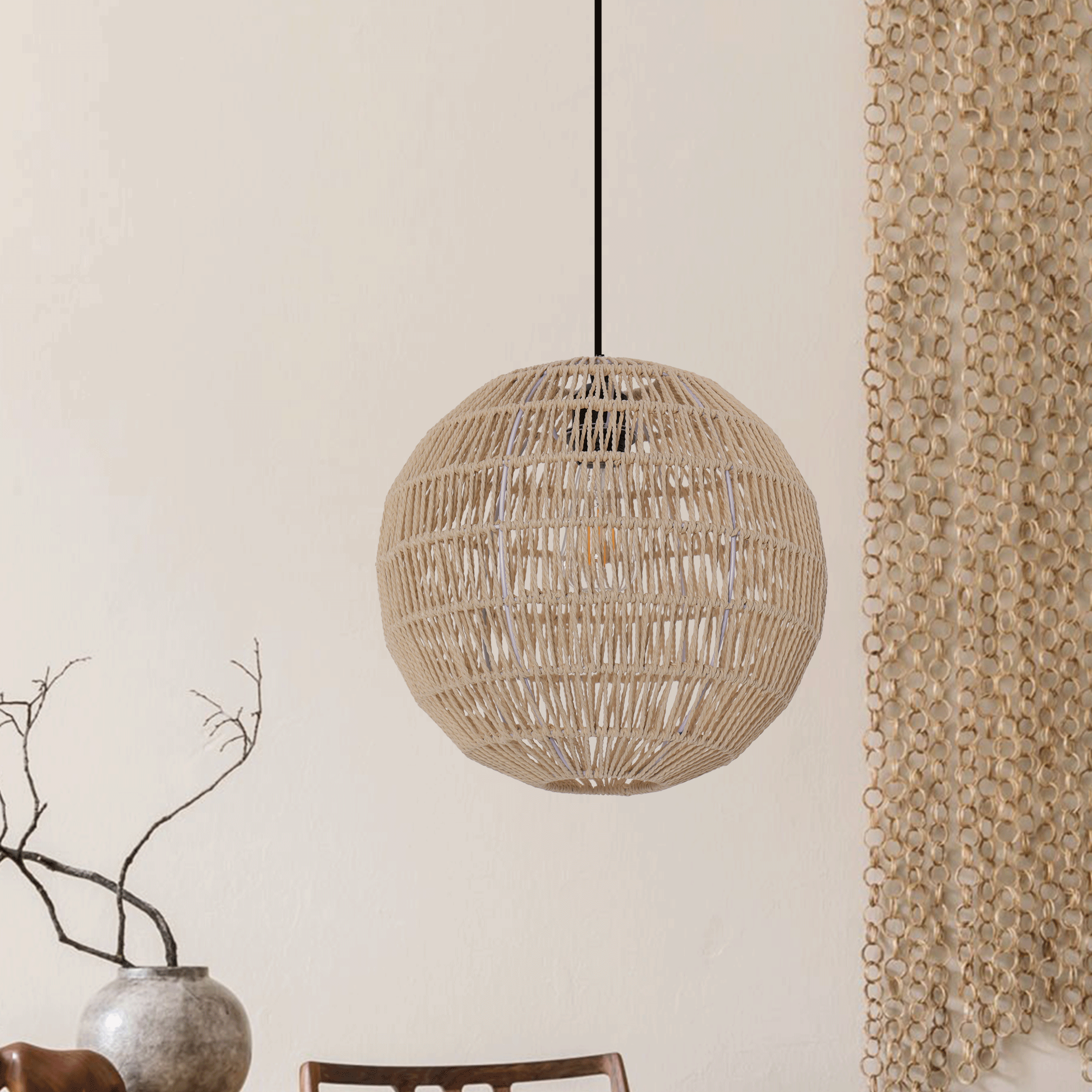 Handwoven Cotton Rope and Iron Round Pendant Light for Cozy Spaces