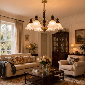 6-light chandelier with white glass shades with close-up glass flower detail