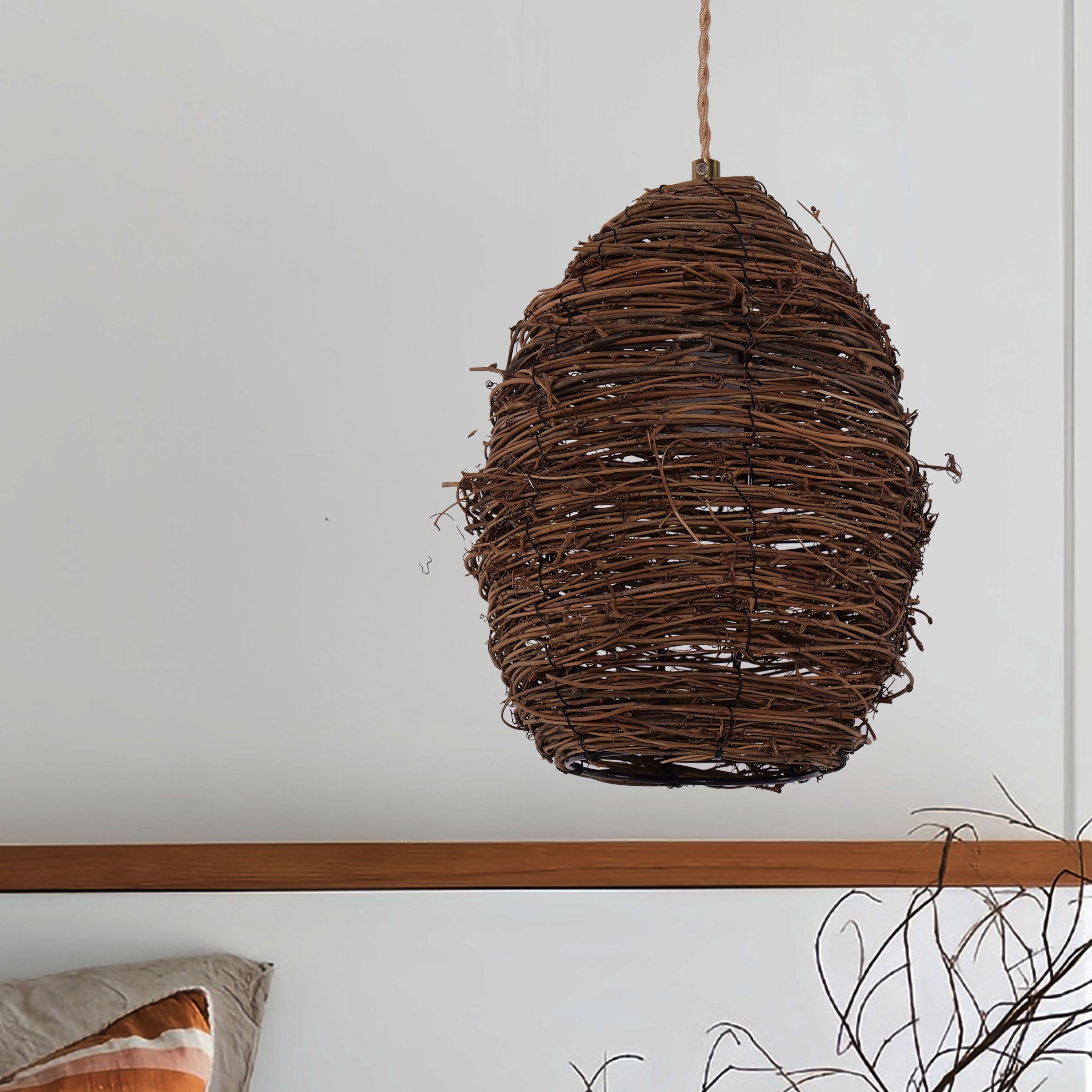 Handcrafted Rustic Woven Rattan and Iron Pendant Light