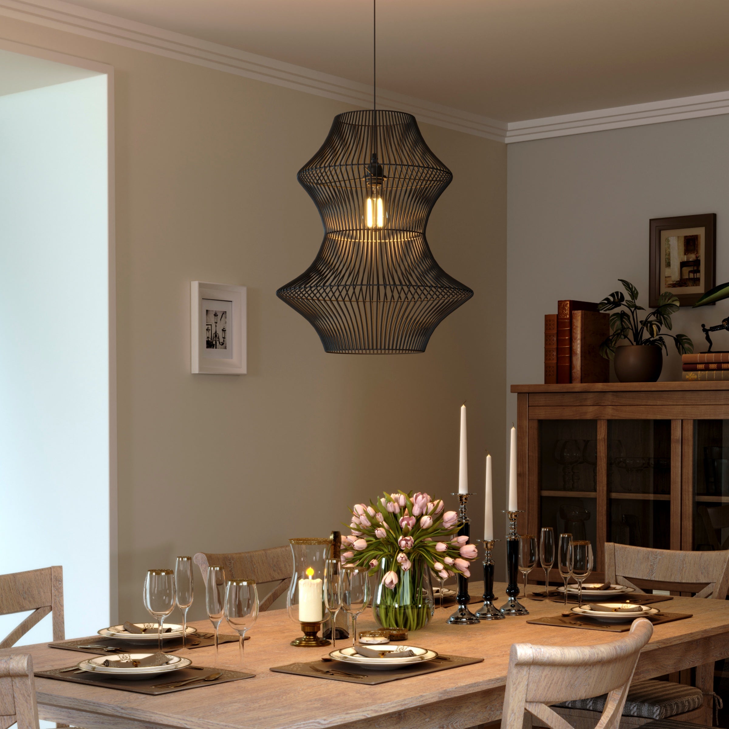 Glyph-Industrial Black Iron Rattan Pendant Light for Kitchen & Dining