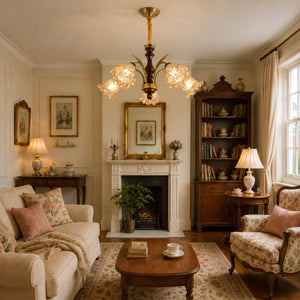 5-light copper chandelier with flower glass shades shown as a clean product view