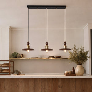 3-light walnut wood mini pendant with shade and canopy details
