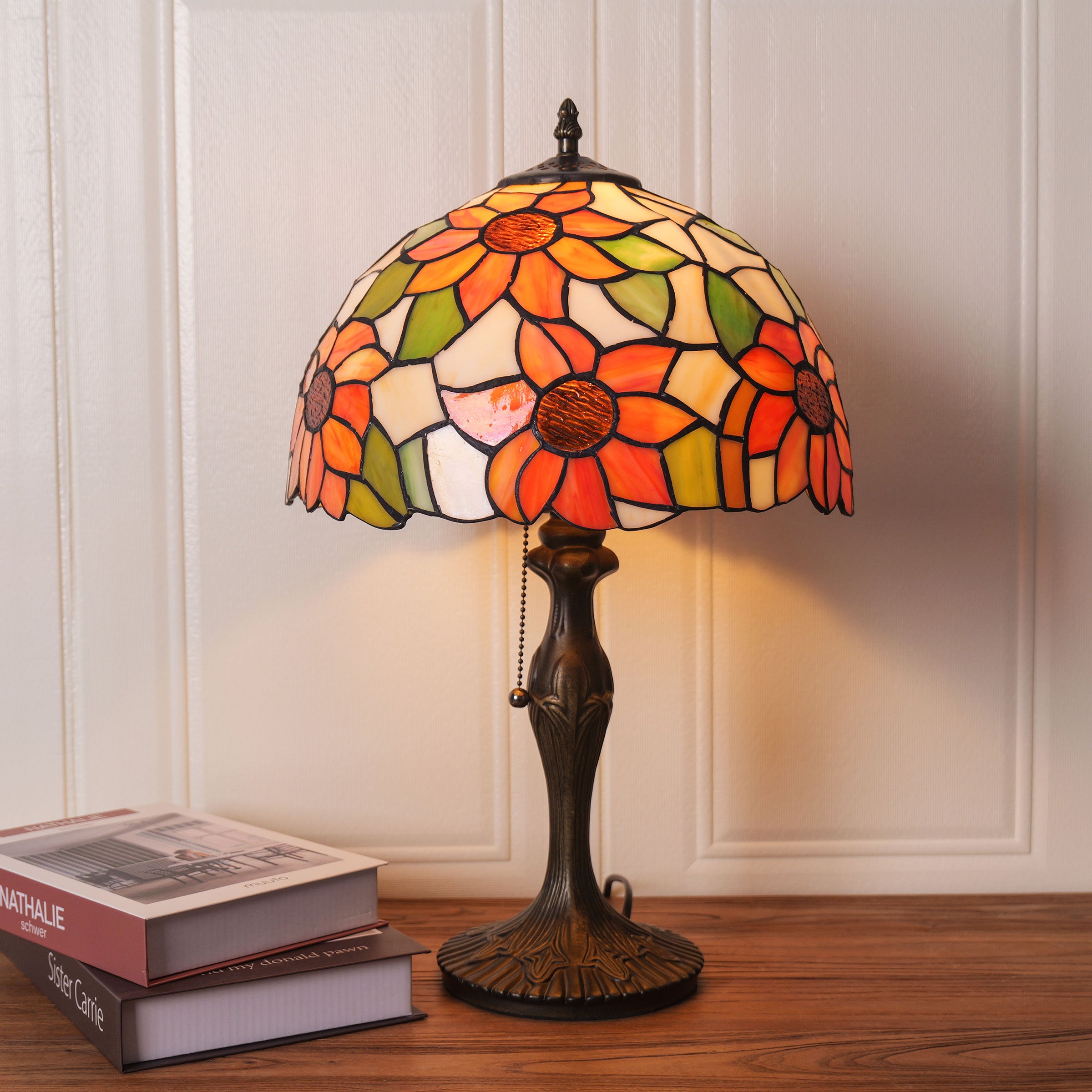 Tiffany Table Lamp | Handcrafted Stained Glass Floral Petals Series White and Green