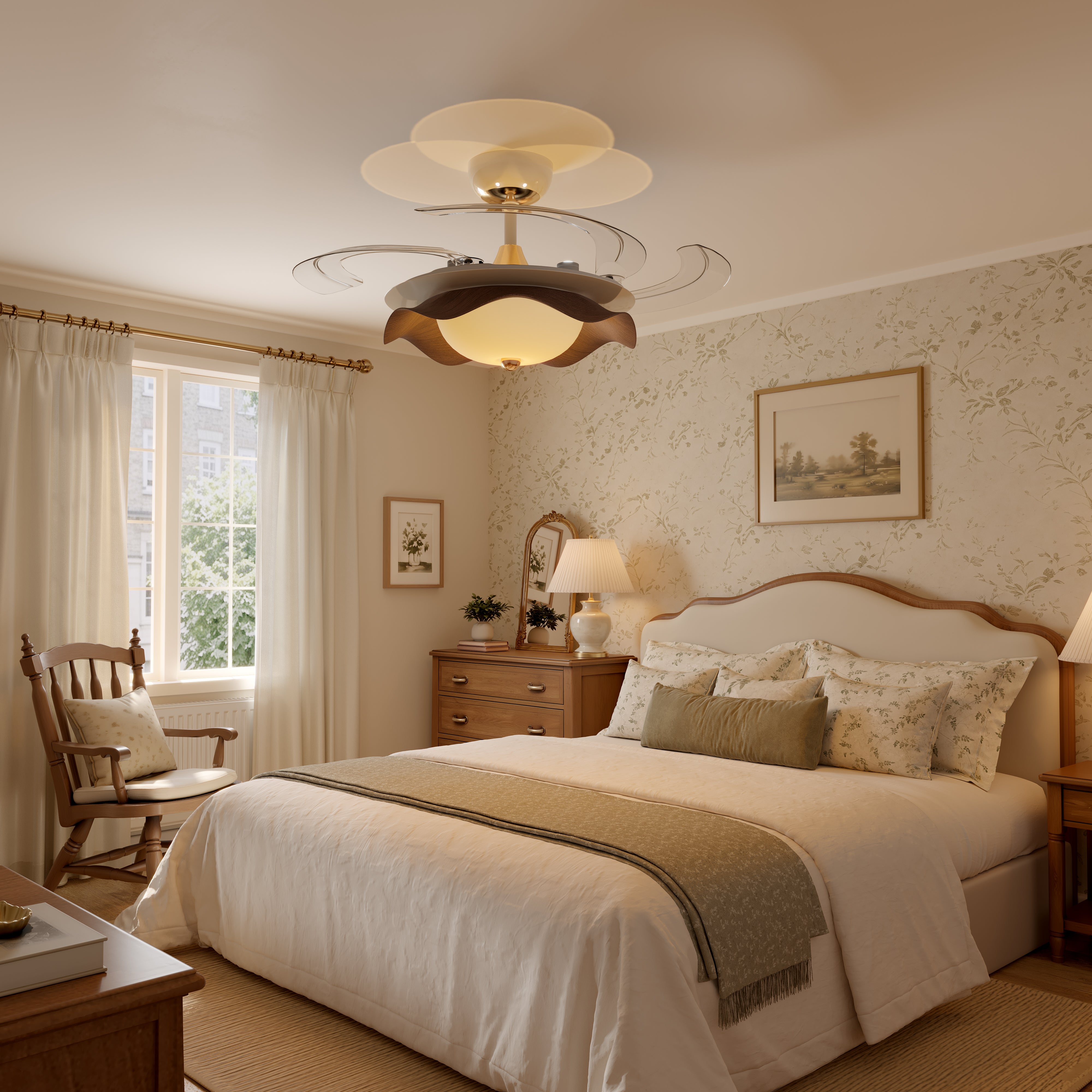 42 inch ceiling fan with dimmable LED light cooling a bright bedroom