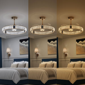 Reversible gold crystal ceiling fan with light for summer and winter airflow