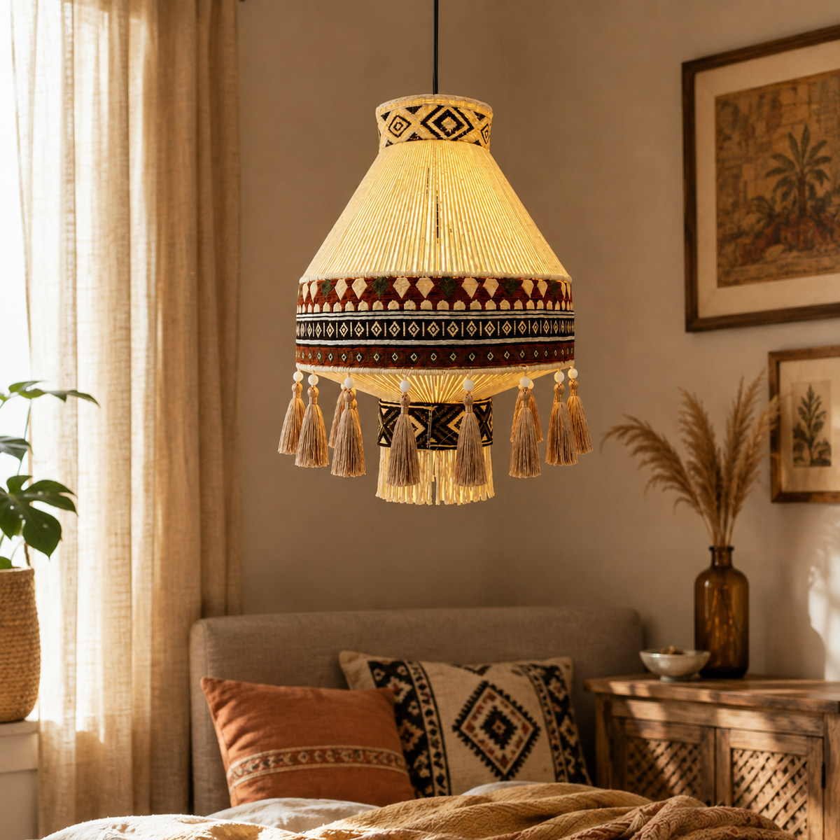Bohemian Tassel Ceiling Light with Fringe, Detachable Design, Ethnic Style