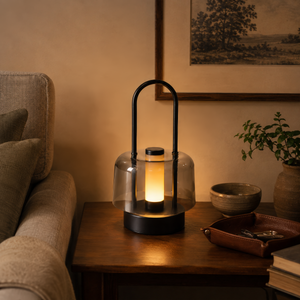 portable lantern-style ambient table lamp with close-up shade and base details