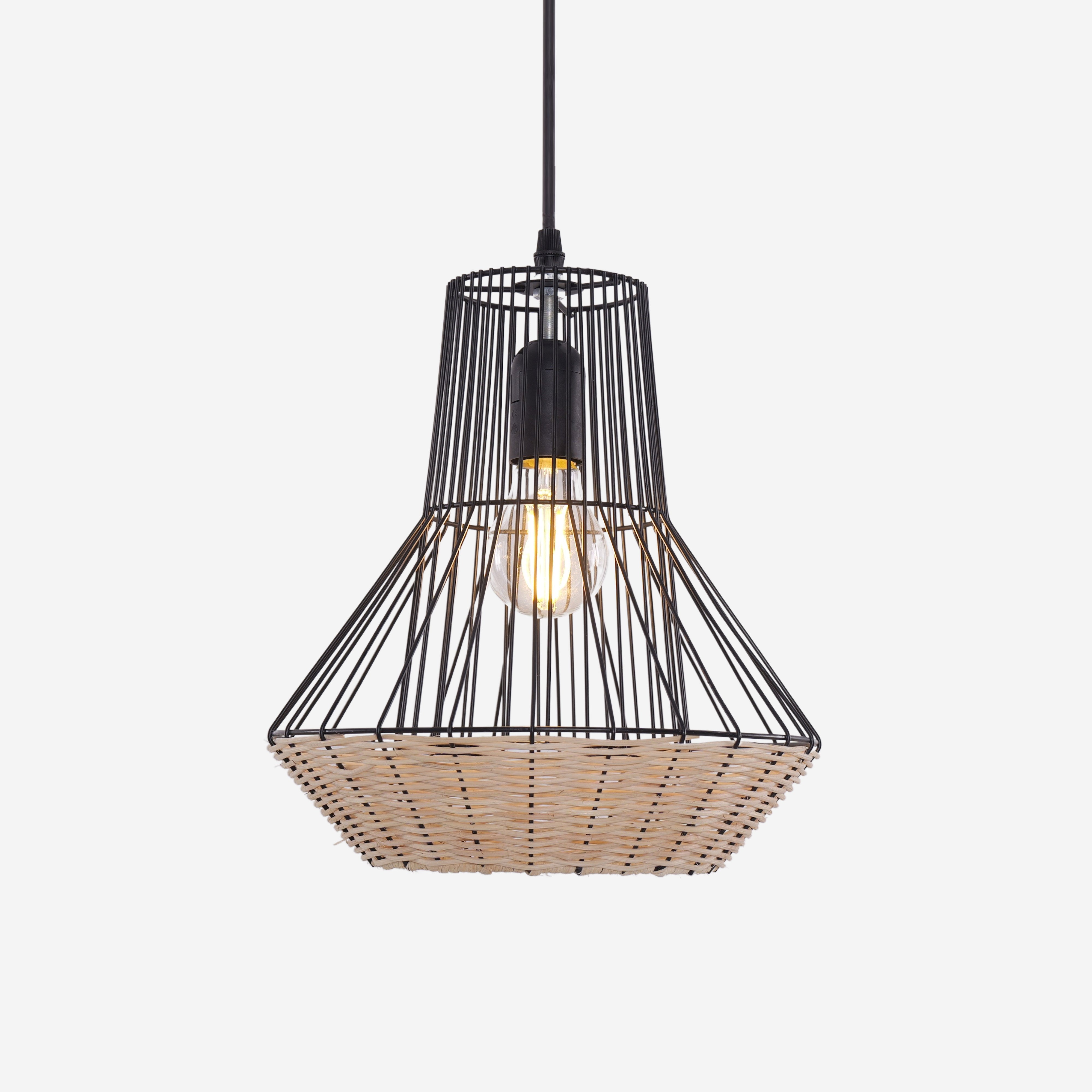 Geometric Rattan and Iron Pendant Light for Dining, Kitchen, and Living Rooms