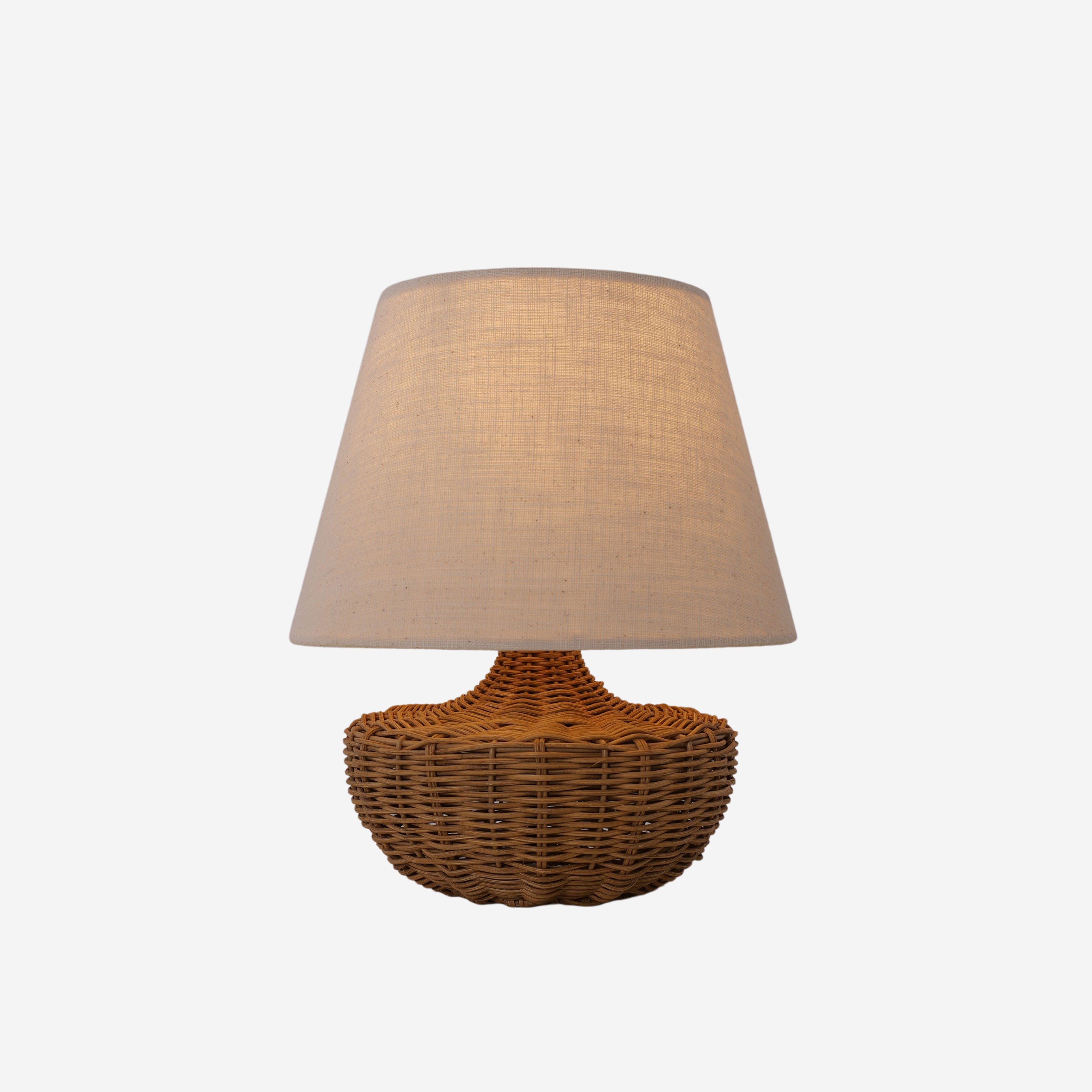 Handwoven Rattan Table Lamp with Linen Shade for Bedside & Living Room Lighting