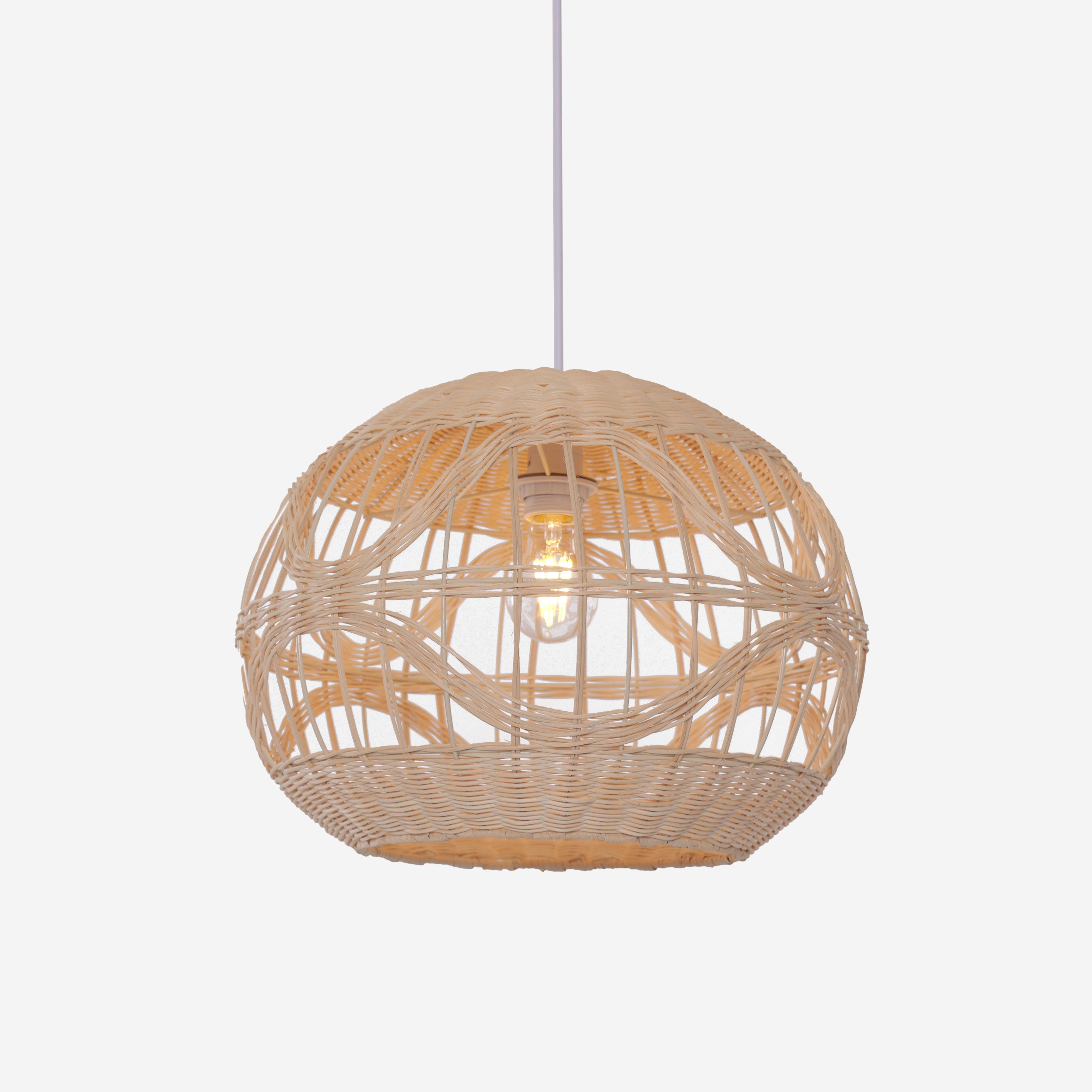 Sustainable Handwoven Spherical Rattan Pendant Light with Wave Details
