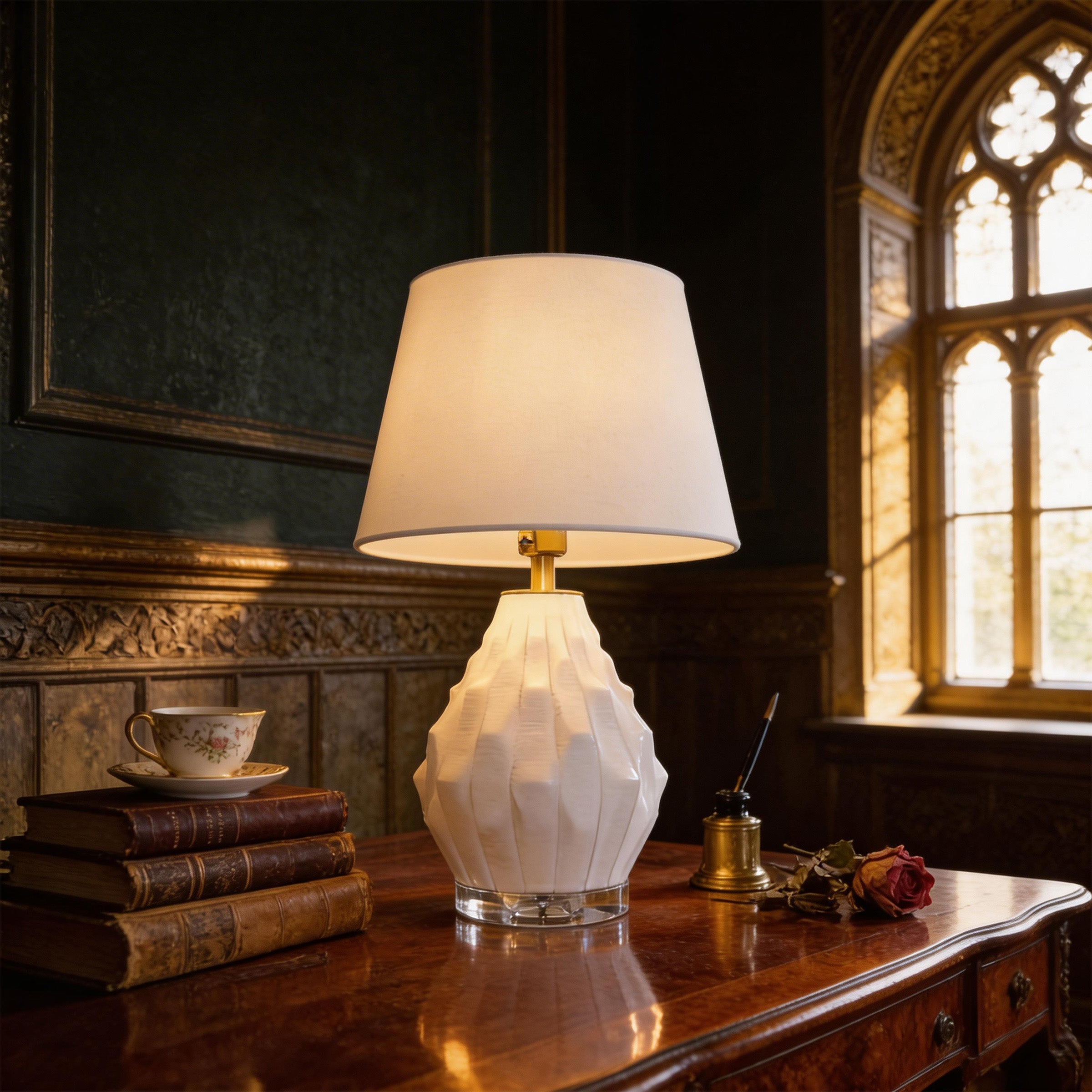 3D Pure White Polygonal Textured Ceramic Table Lamp with Fabric Shade