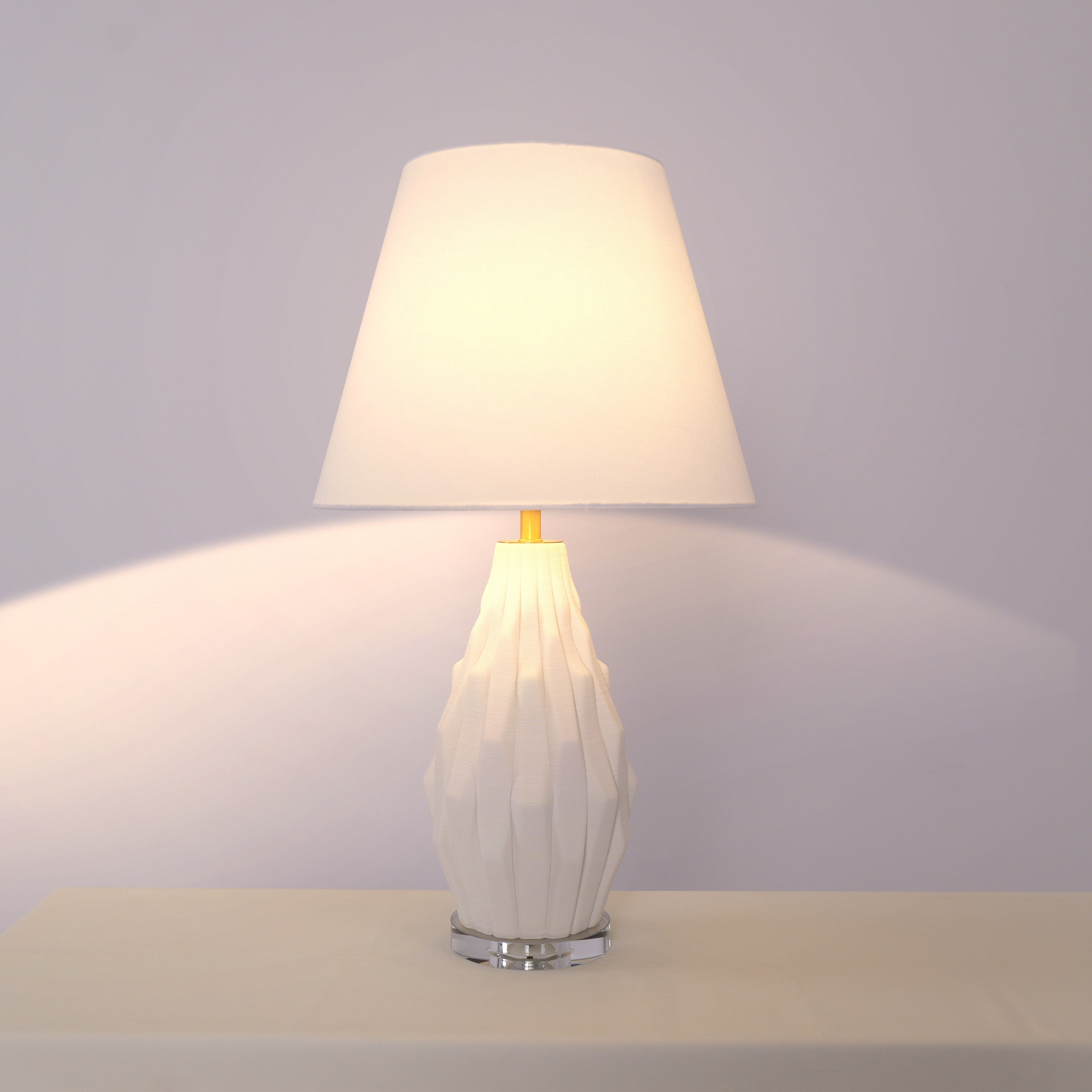 3D Pure White Polygonal Textured Ceramic Table Lamp with Fabric Shade