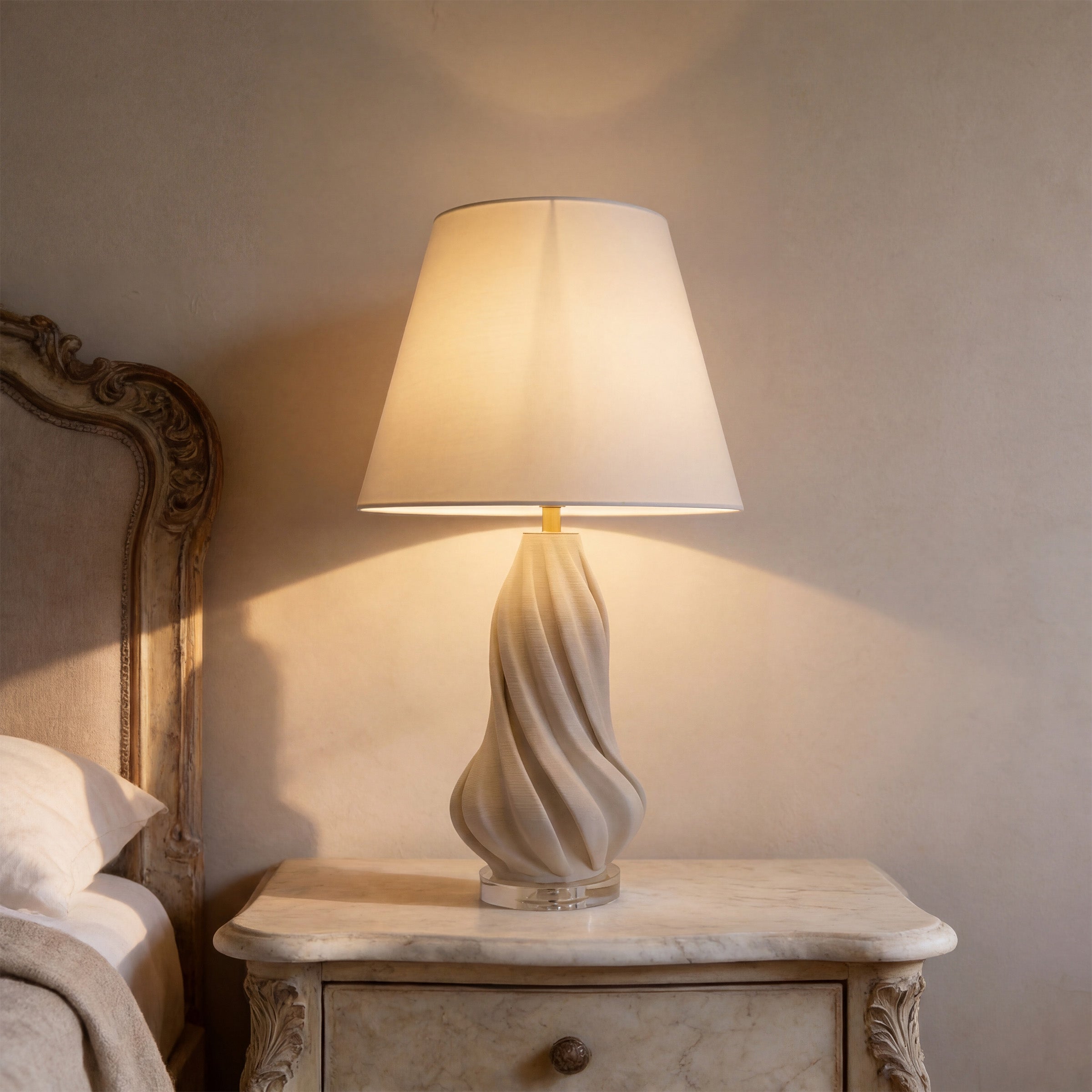 3D Pure White Ceramic Spiral Vase Table Lamp with Fabric Shade