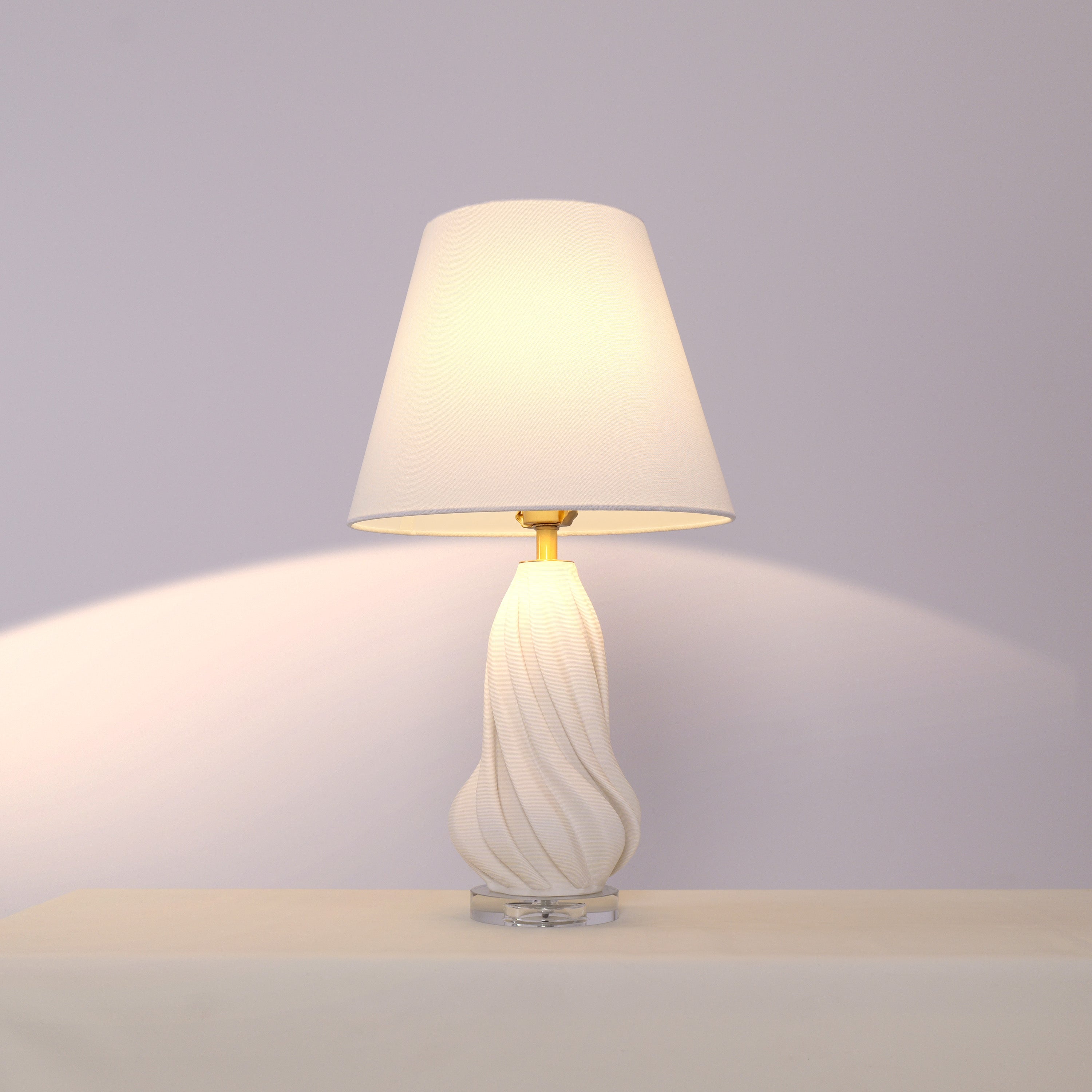 3D Pure White Ceramic Spiral Vase Table Lamp with Fabric Shade