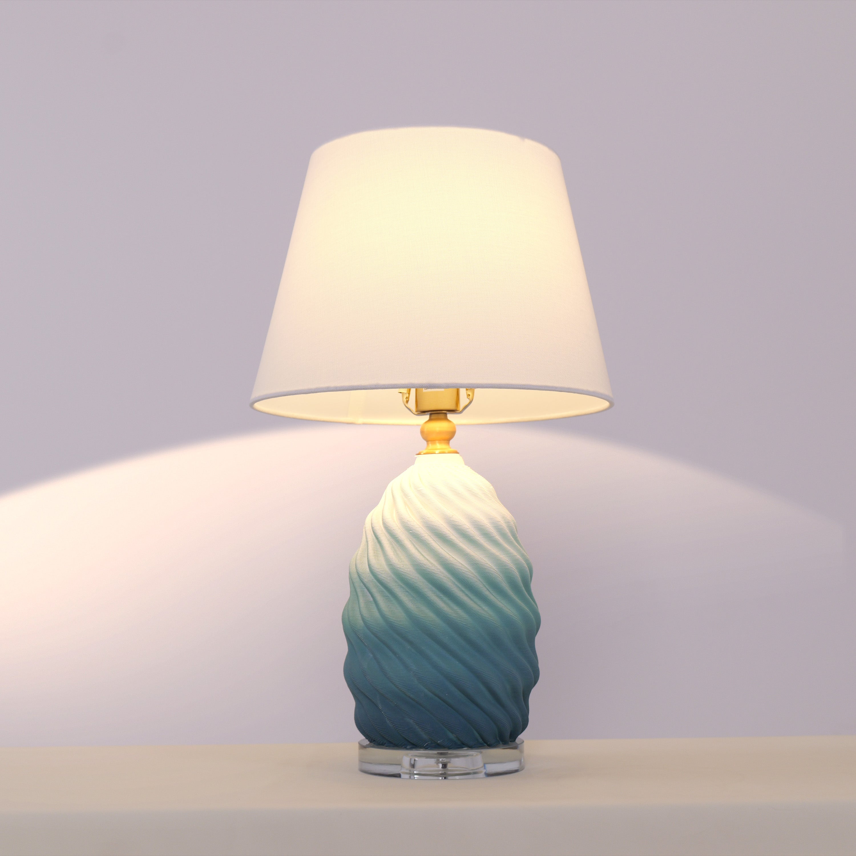 3D Blue Green White Gradient Threaded Ceramic Table Lamp with Fabric Shade