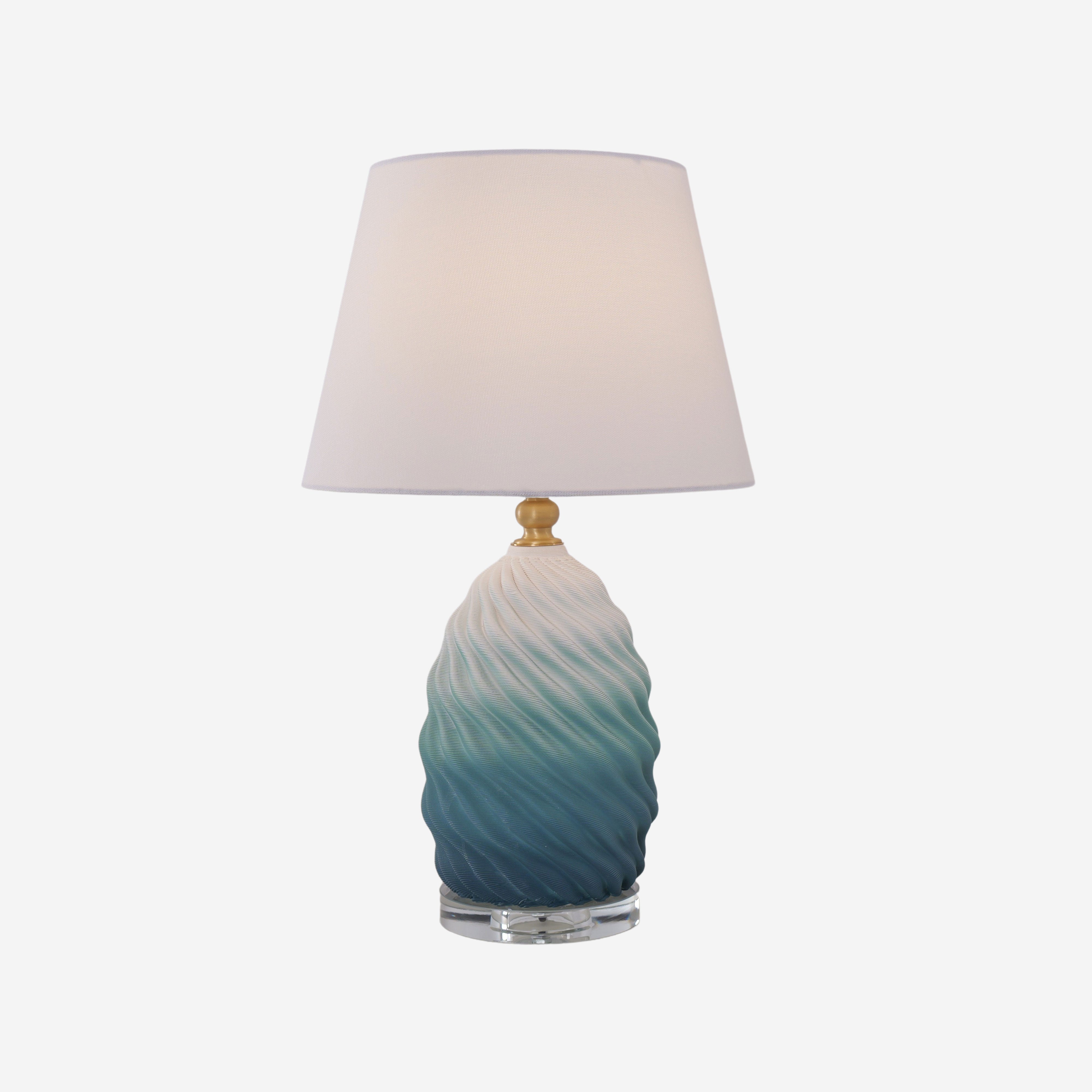 3D Blue Green White Gradient Threaded Ceramic Table Lamp with Fabric Shade