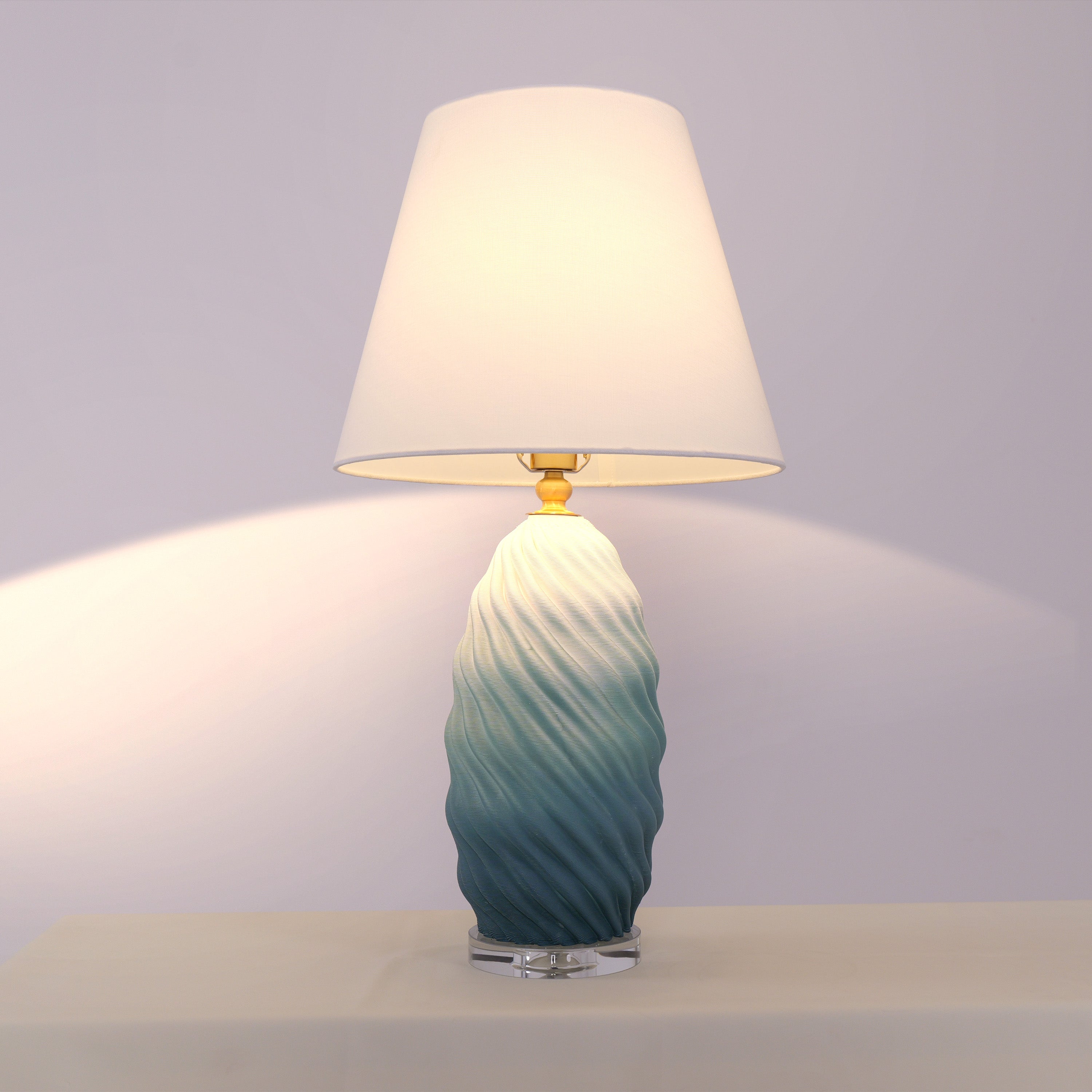 3D Blue Green White Gradient Threaded Ceramic Table Lamp with Fabric Shade