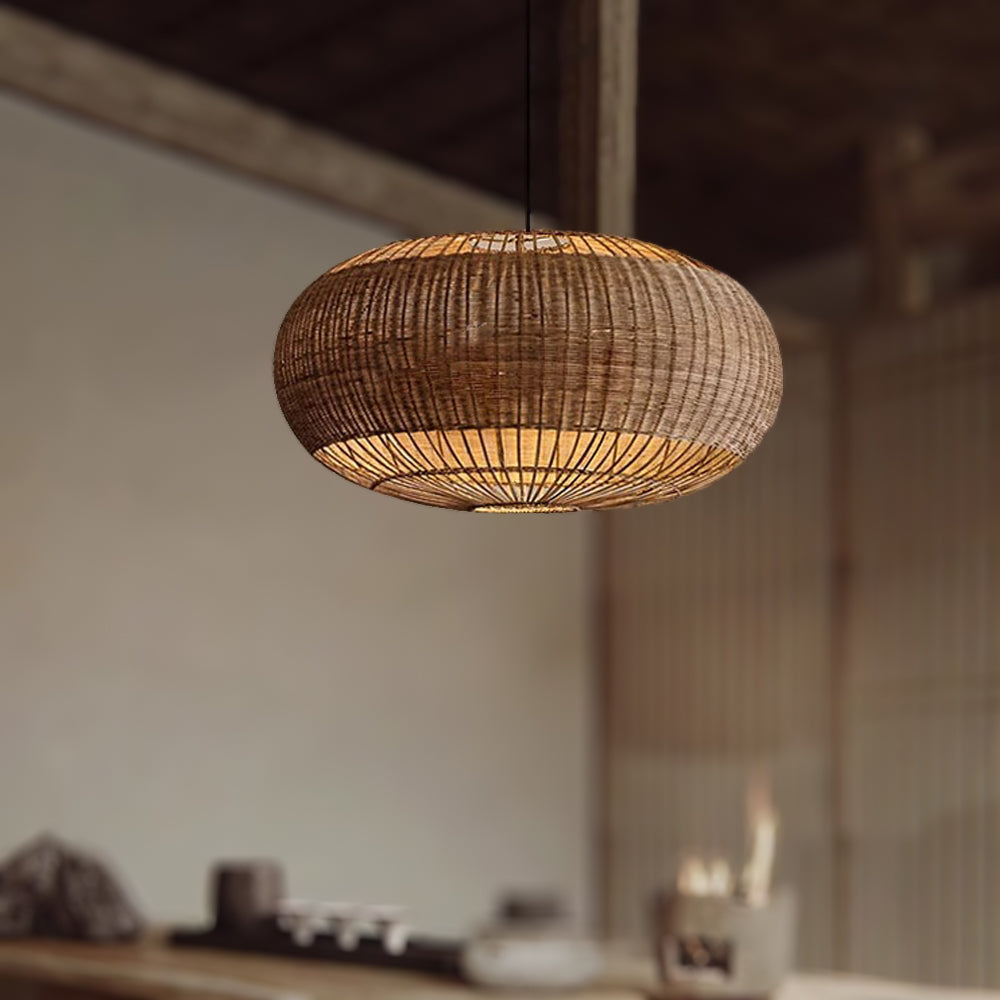 Handcrafted Rattan Pendant Light in Flat Round Basket Shape