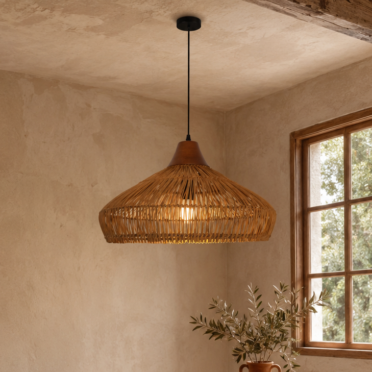 Natural Bamboo Pendant Light – Boho Rattan Hanging Light for Kitchen Island, Dining Room & Living Room