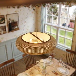 overhead bamboo rattan pendant light above a dining table