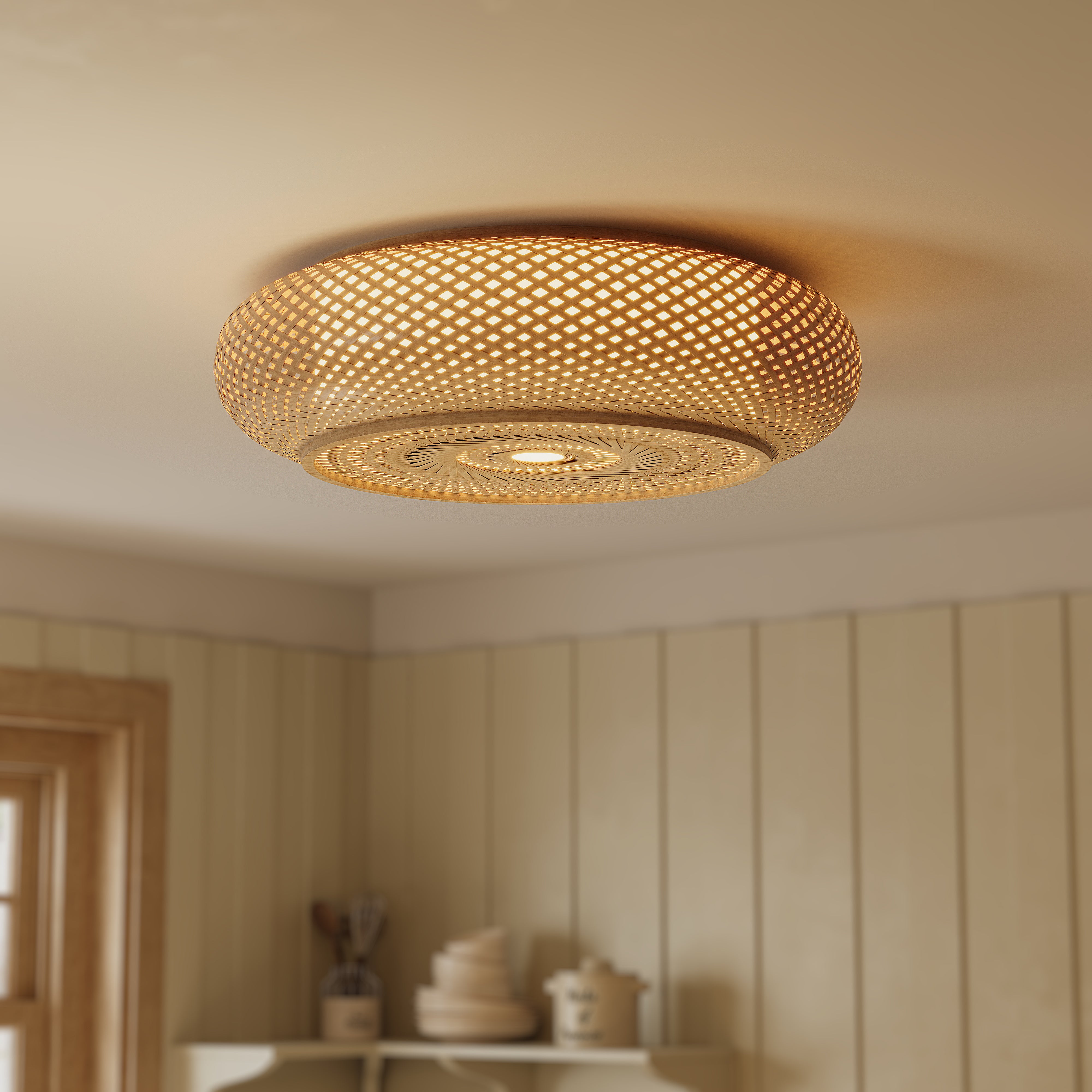 close-up of rattan ceiling light diffuser and woven shade