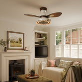 36 inch ceiling fan with solid wood blades and LED light cooling a bright bedroom