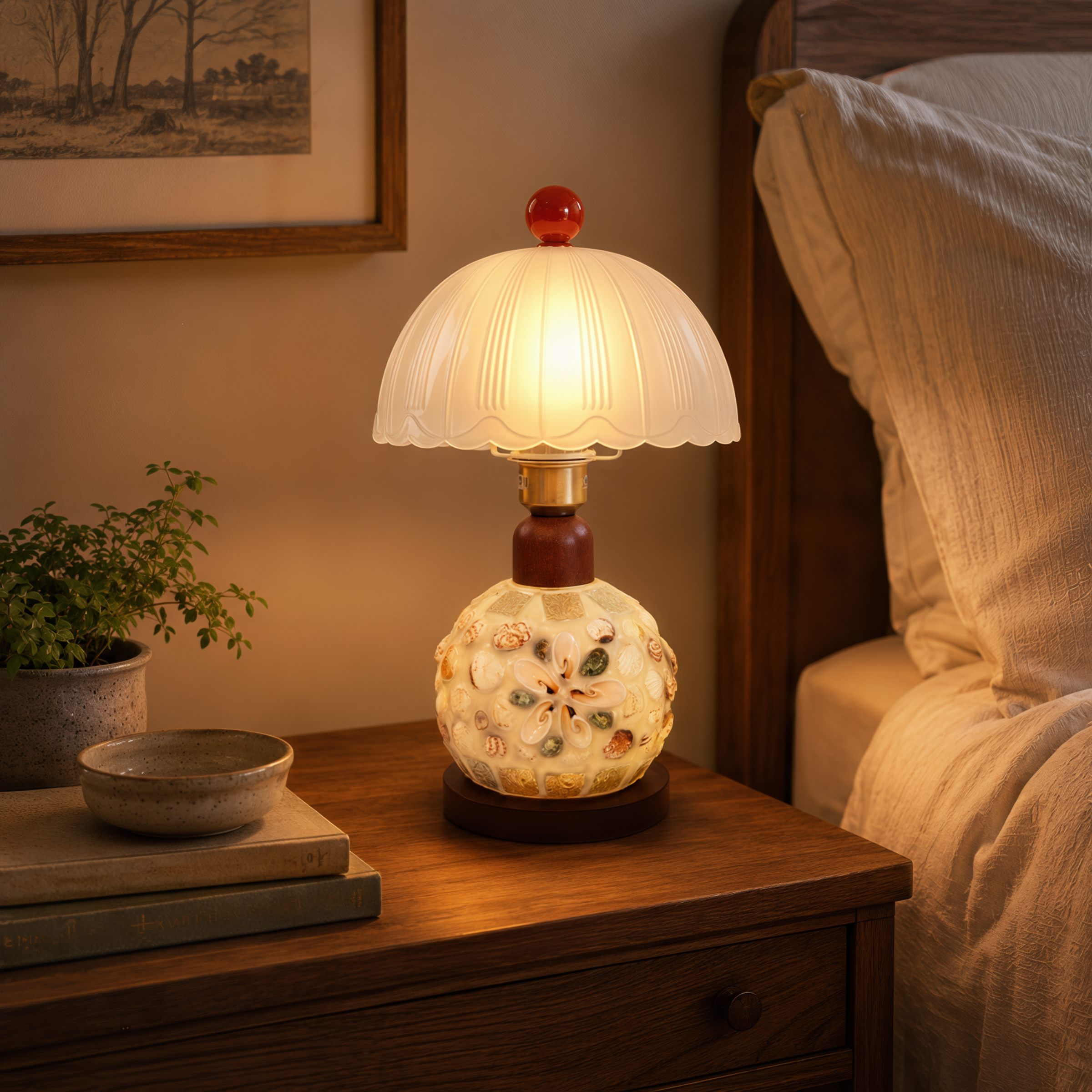 seashell mosaic table lamp glowing on a bedside table