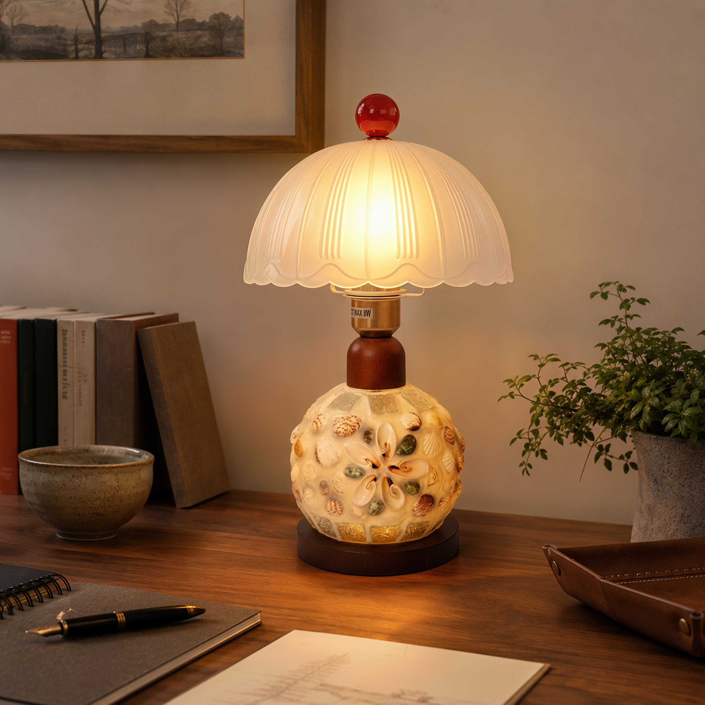 seashell mosaic table lamp adding warm light to a bedroom