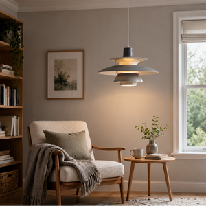 white layered minimalist pendant light with shade and canopy details