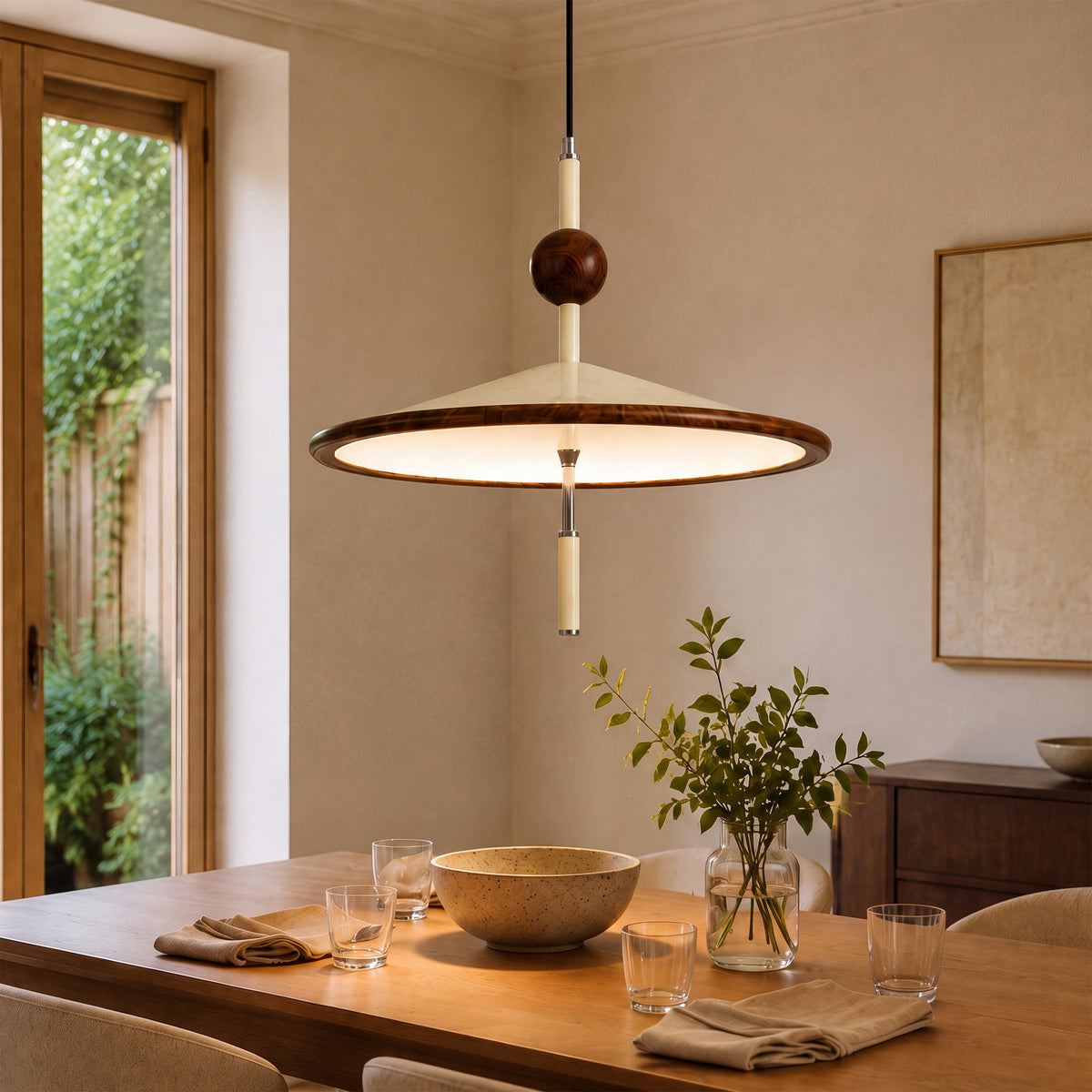 Modern Beige Iron Flying Saucer Pendant Light with Wood Grain Trim