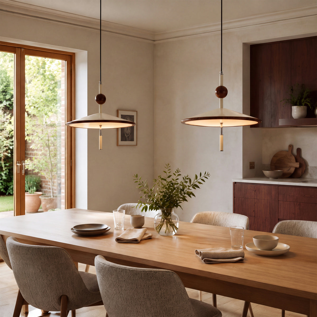 Modern Beige Iron Flying Saucer Pendant Light with Wood Grain Trim