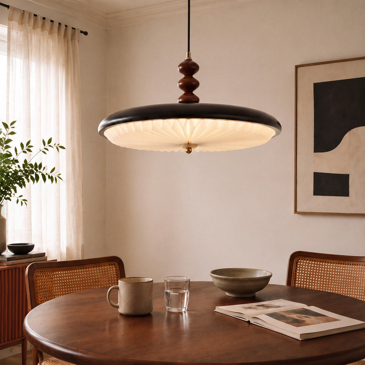 Mid-Century Black Iron Pleated Pendant Light with Walnut Accent