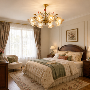 gold 8-light chandelier with pink floral glass shades with canopy and shade details