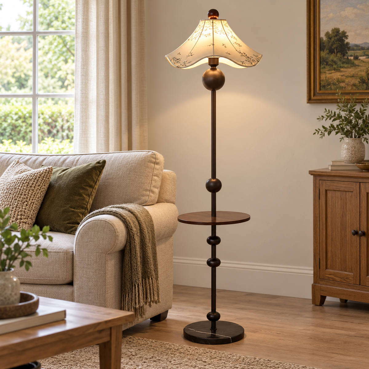 Vintage Printed Shade Floor Lamp with Side Table