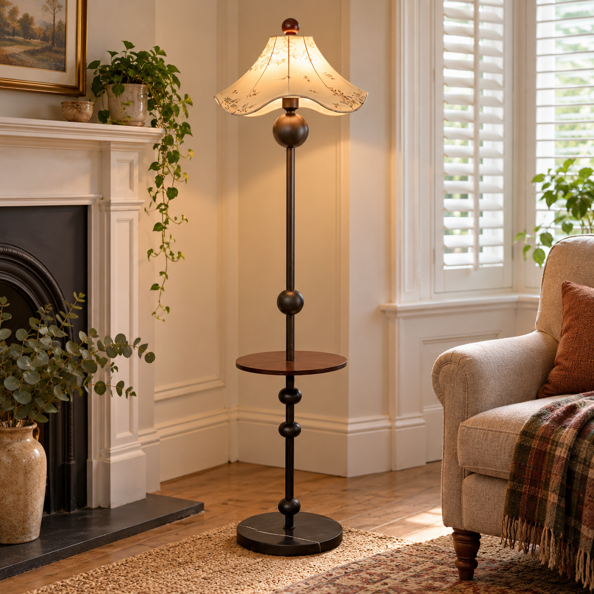 Vintage Printed Shade Floor Lamp with Side Table