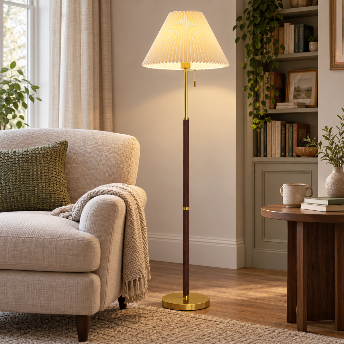 Vintage Pleated Floor Lamp with Brass Details
