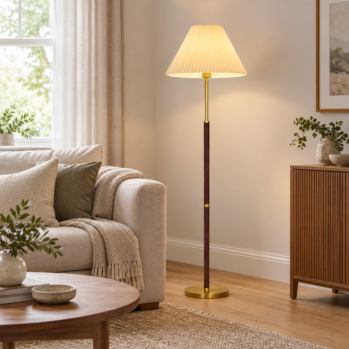Vintage Pleated Floor Lamp with Brass Details