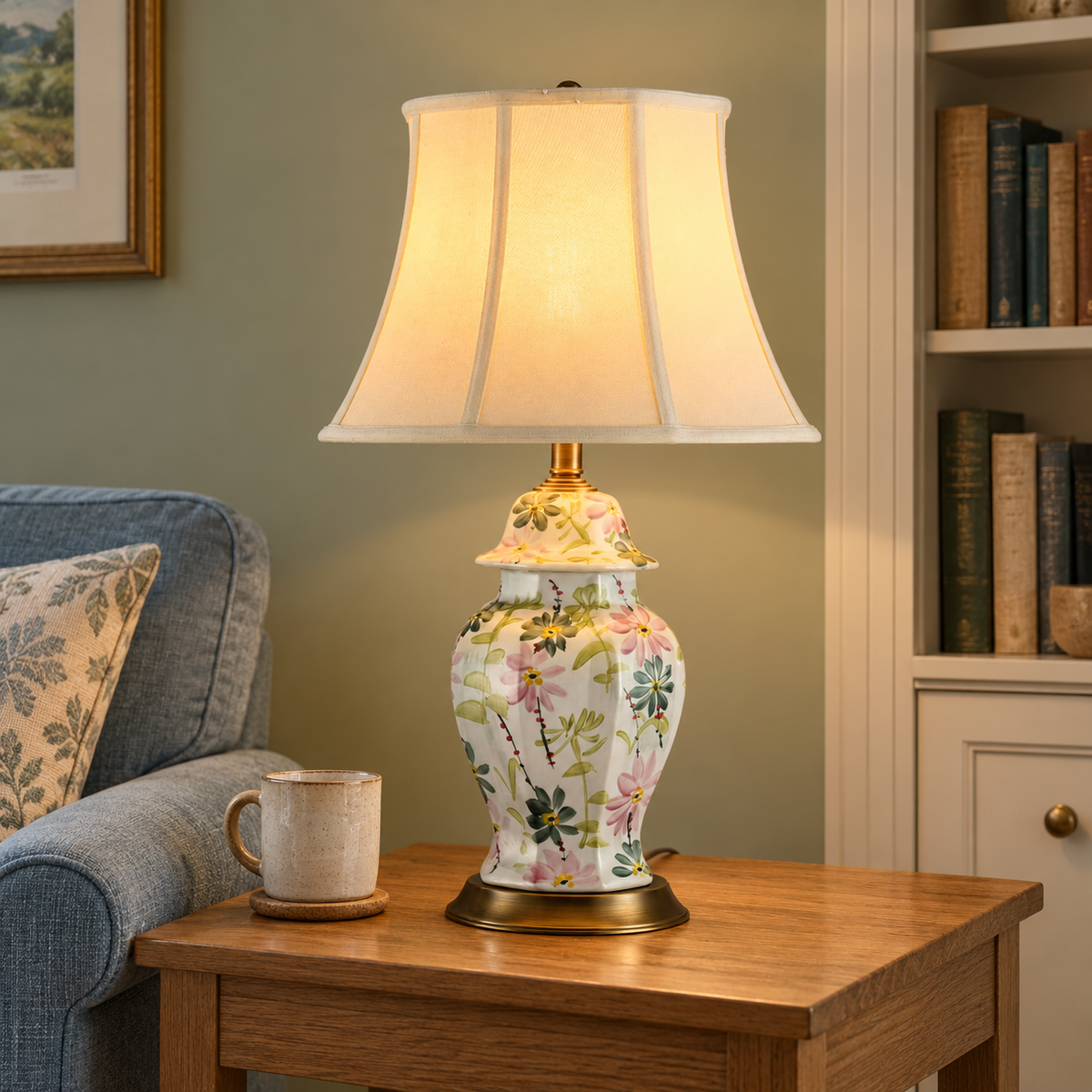 Pink floral ginger jar table lamp with ivory shade beside a blue armchair