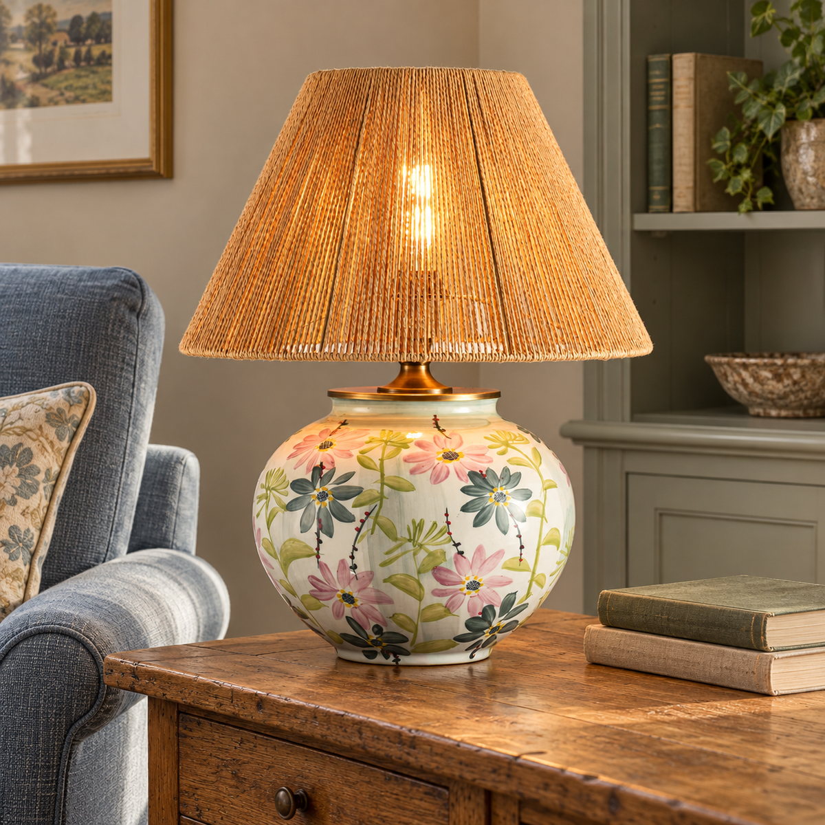 Round pink floral ceramic table lamp with woven shade beside a living room chair