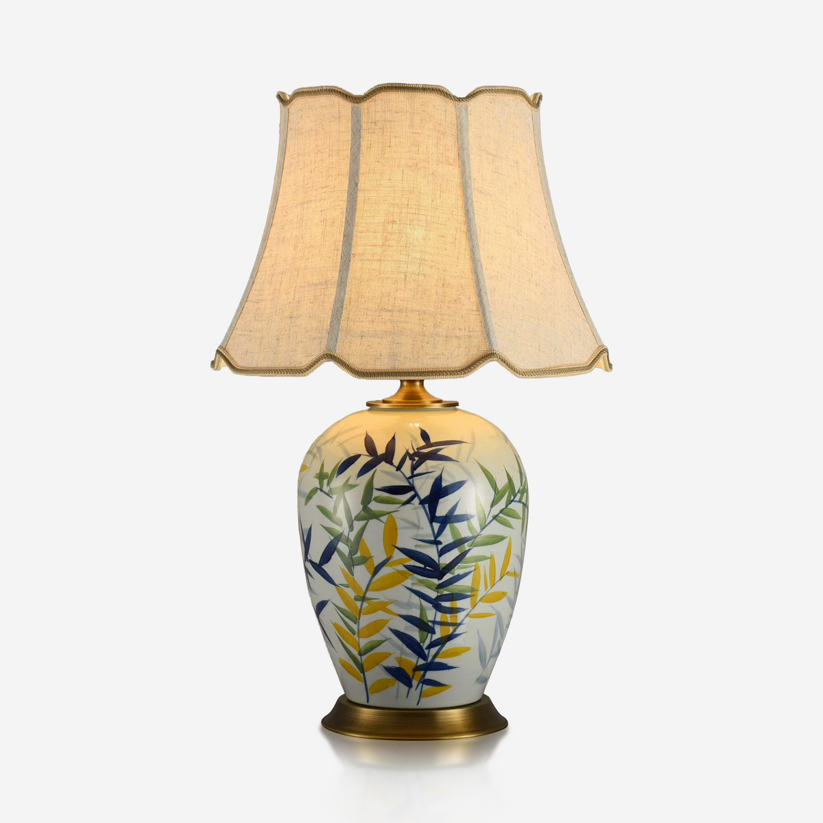 Three-colour leaf ceramic table lamp with scalloped fabric shade