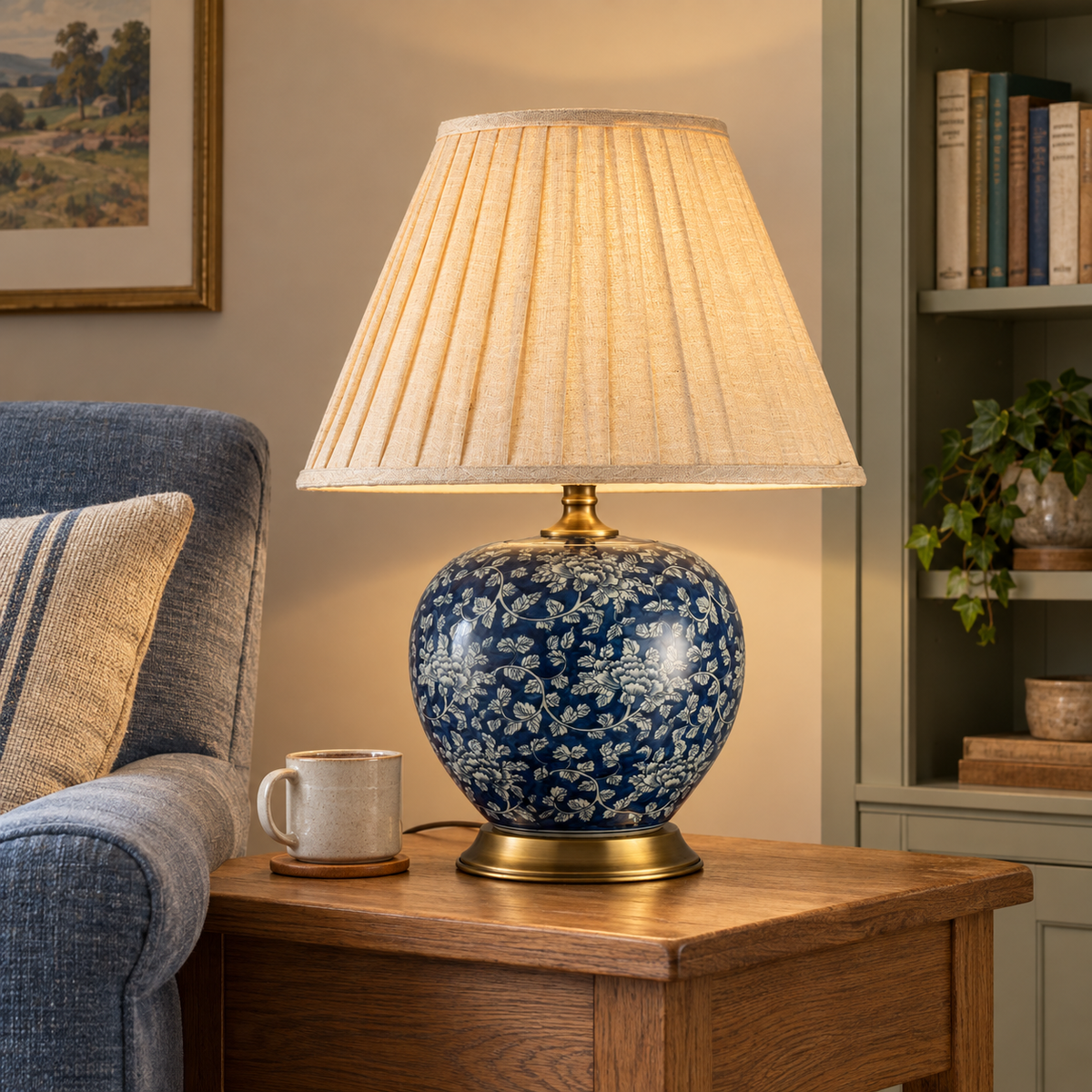 Navy floral ceramic table lamp with pleated ivory shade beside a living room armchair